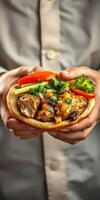 Grilled chicken wrap filled with fresh vegetables served in a cozy setting at a local eatery photo