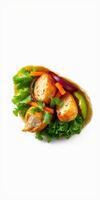 Delicious vegetable wrap featuring fresh greens, colorful peppers, and crispy baked components sits against a white background photo