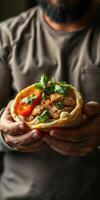 Delicious wrap filled with spiced meat and fresh vegetables in a cozy setting photo
