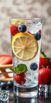 Refreshing summer beverage with lemon, strawberries, and blueberries served over ice photo