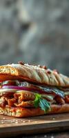 Delicious sandwich with grilled meat and fresh toppings served on a wooden board in a rustic setting photo