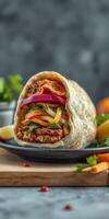 Delicious wrap filled with chicken, fresh vegetables, and spices on a wooden board photo