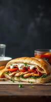 Freshly prepared sandwich with grilled chicken and vegetables served on a wooden table photo