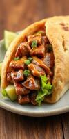 Delicious barbecue chicken wrap with fresh vegetables served on a plate photo