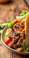 Grilled meat served with fresh vegetables and pita on a rustic wooden table during lunchtime photo