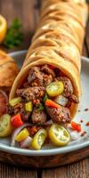 Delicious wrap filled with savory grilled meat, fresh vegetables, and tangy pickles on a plate photo