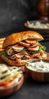 Delicious chicken sandwich served with fresh lettuce and creamy sauce alongside crispy fries and salad photo