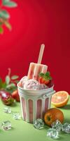 Delightful dessert featuring colorful ice cream and fruity popsicle in a charming bowl against a vibrant backdrop photo