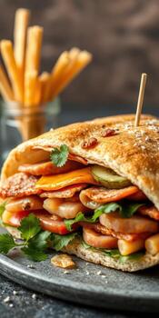 Delicious sandwich stacked with fresh vegetables and savory meats served on a plate with crispy fries in the background photo