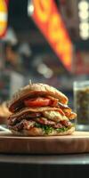 Delicious sandwich stacked with layers of meat, cheese, and fresh vegetables in a vibrant eatery setting photo