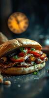 Flavorful sandwich with various toppings served in a cozy setting with a clock in the background photo