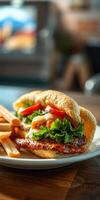 Juicy grilled sandwich with fresh vegetables and crispy fries served at a casual dining restaurant photo