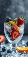 Fresh fruit salad in glass cup garnished with mint leaves and ice cubes on a dark background photo