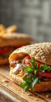 Perfectly crafted burger with fresh ingredients on a wooden board in a cozy setting photo