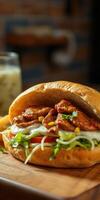 Delicious sandwich filled with grilled chicken, fresh vegetables, and a refreshing drink on wooden table photo