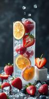 Colorful fruit drink with ice cubes and fresh strawberries on a dark background photo