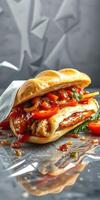 Savory sandwich filled with grilled chicken, fresh vegetables, and zesty sauce on a glossy surface photo