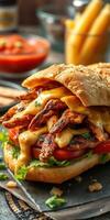 Delicious chicken sandwich topped with melted cheese and fresh vegetables served at a cozy eatery photo