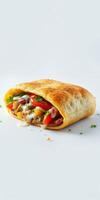 Delicious stuffed flatbread featuring fresh vegetables, savory meat, and creamy sauce on a plain background photo