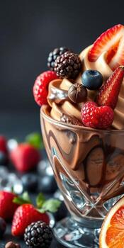 Delicious chocolate soft serve topped with fresh berries in an elegant dessert cup photo