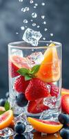 Refreshing summer drink with strawberries, blueberries and citrus fruit garnished with mint leaves photo
