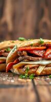 Deliciously stacked sandwiches filled with grilled meats and fresh vegetables on a rustic wooden table photo