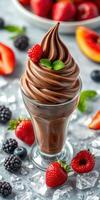 Delicious chocolate soft serve dessert topped with fresh berries and mint leaves enjoying a warm summer day photo