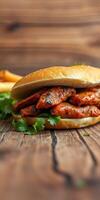 Delicious grilled chicken sandwich served with fresh cilantro and crispy fries on a rustic wooden table photo