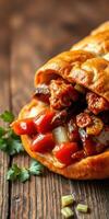 Delicious stuffed pastry filled with savory vegetables and spices on rustic wooden table photo