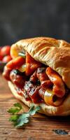 Mouthwatering sandwich filled with grilled meat and spices served on a wooden table photo