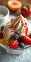 Delicious dessert bowl with vibrant fruits and creamy ice cream topped with syrup photo