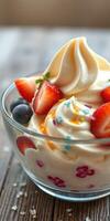 Delicious dessert with strawberries and blueberries served in a glass bowl on a wooden table photo