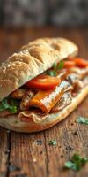 Delicious sandwich filled with savory ingredients served on a wooden table in a cozy setting photo