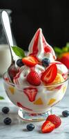 Delicious dessert bowl filled with vanilla ice cream, fresh strawberries, blueberries, and syrup presentation photo
