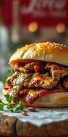 Savory meat sandwich with rich sauce and fresh toppings served on a sesame seed bun at a lively eatery photo
