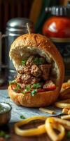 Savory sandwich with seasoned meat and fresh vegetables served alongside crispy fries photo