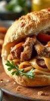 Savory sandwich with pasta and tender meat served on a wooden board in a cozy setting photo