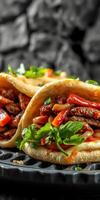 Delicious tacos filled with savory meat and fresh vegetables served on a dark plate photo