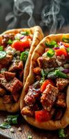Delicious grilled chicken wraps served with fresh toppings and garnishes in a casual dining setting photo