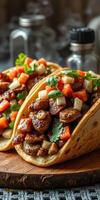 Delicious tacos filled with savory meat and fresh toppings on a wooden surface photo