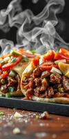 Delicious grilled meat wraps garnished with fresh vegetables and herbs served on a black plate photo
