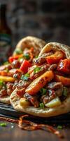 Juicy grilled meat wraps with colorful peppers and herbs served on a rustic wooden table photo