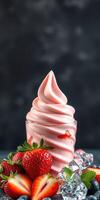 Soft serve ice cream topped with fresh strawberries and garnished with mint on a dark background photo
