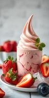 Delicious strawberry soft serve dessert served with fresh strawberries and mint in a pleasing arrangement photo
