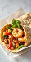 Shrimp taco wrapped in flour tortilla filled with fresh vegetables and sauce enjoyed during lunch photo