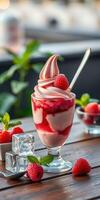 Delicious raspberry swirl dessert served in a glass with fresh fruit and mint on a wooden table during daytime photo