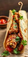 Delicious chicken wrap with fresh vegetables and sauce served in a flatbread photo