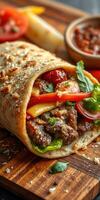 Deliciously prepared burrito filled with beef, fresh vegetables, and savory herbs on a wooden cutting board photo