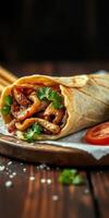 Delicious wrap filled with seasoned chicken, fresh herbs, and sliced tomato presented on a wooden board photo
