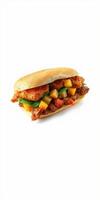 Delicious sandwich filled with crispy chicken, fresh vegetables, and cheese in a soft bun photo
